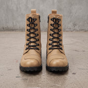 Women's Tan Cap-Toe with Shift Pad Pebbled Leather Biker Boots — Bridport