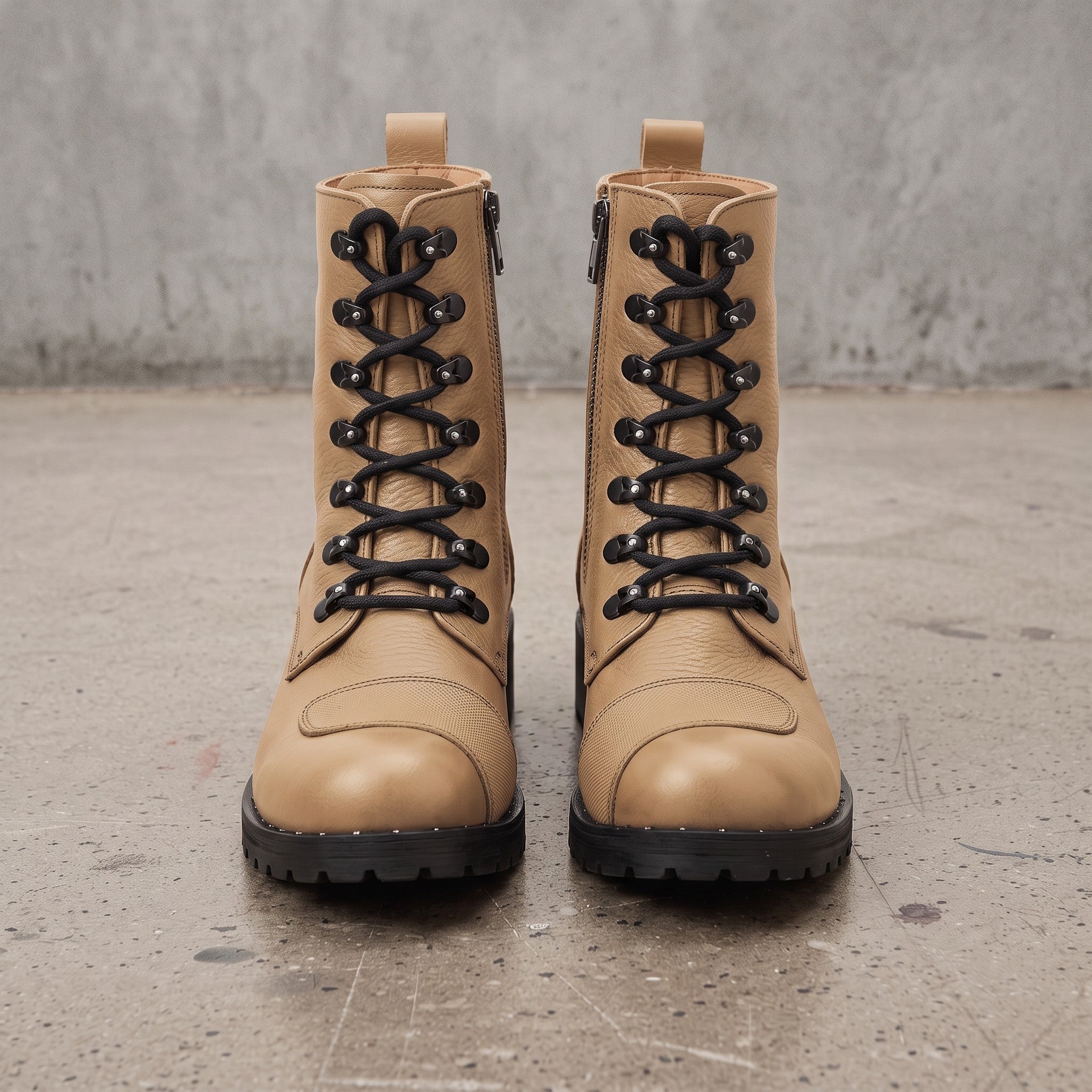 Women's Tan Cap-Toe with Shift Pad Pebbled Leather Biker Boots — Bridport