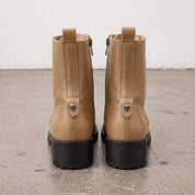 Women's Tan Cap-Toe with Shift Pad Pebbled Leather Biker Boots — Bridport