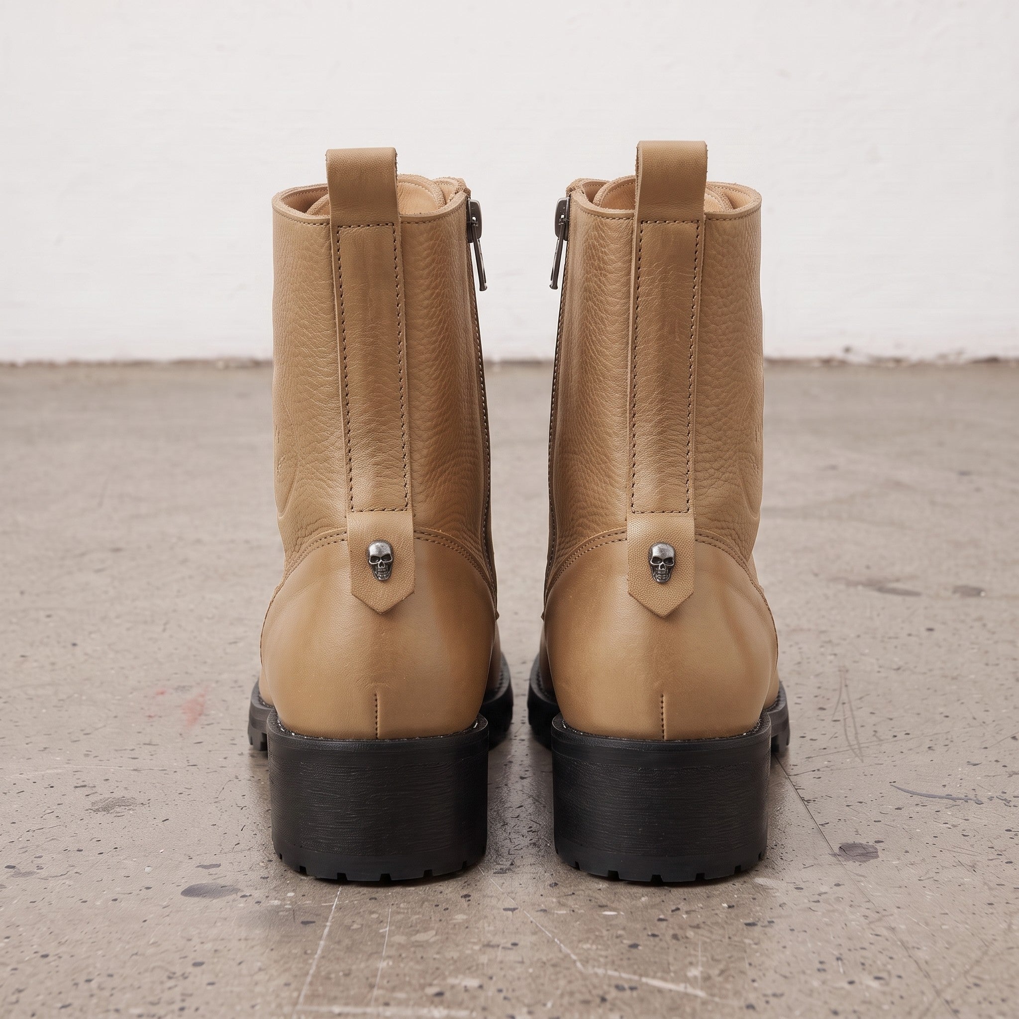 Women's Tan Cap-Toe with Shift Pad Pebbled Leather Biker Boots — Bridport