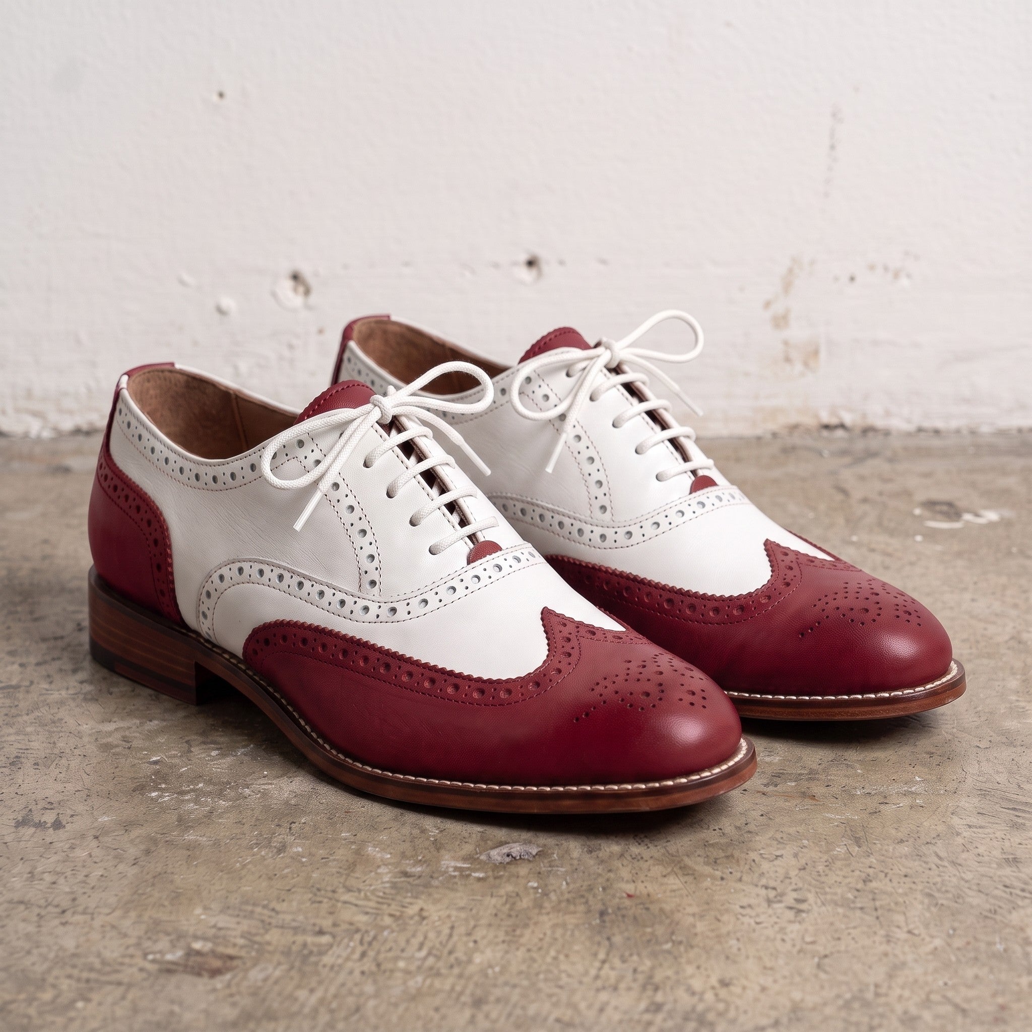 Men's Burgundy and White Wingtip Leather Spectator Oxfords — Stanley — Stanley