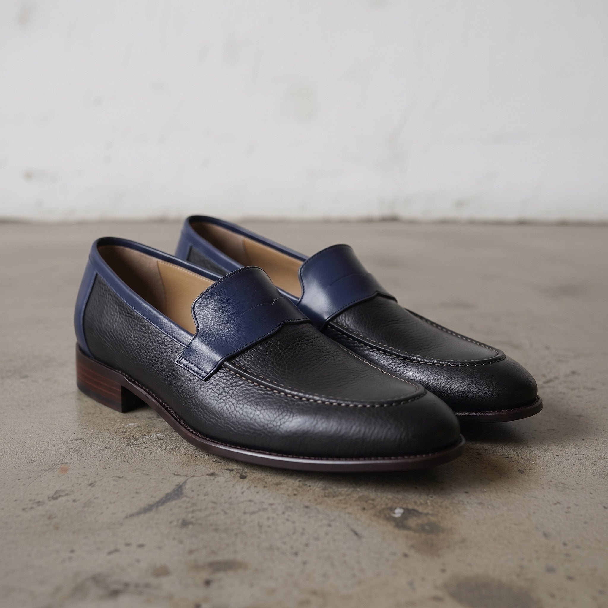 Men's Black and Dark Blue Apron-Toe Leather Penny Loafers — Stapleton