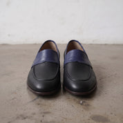 Men's Black and Dark Blue Apron-Toe Leather Penny Loafers — Stapleton
