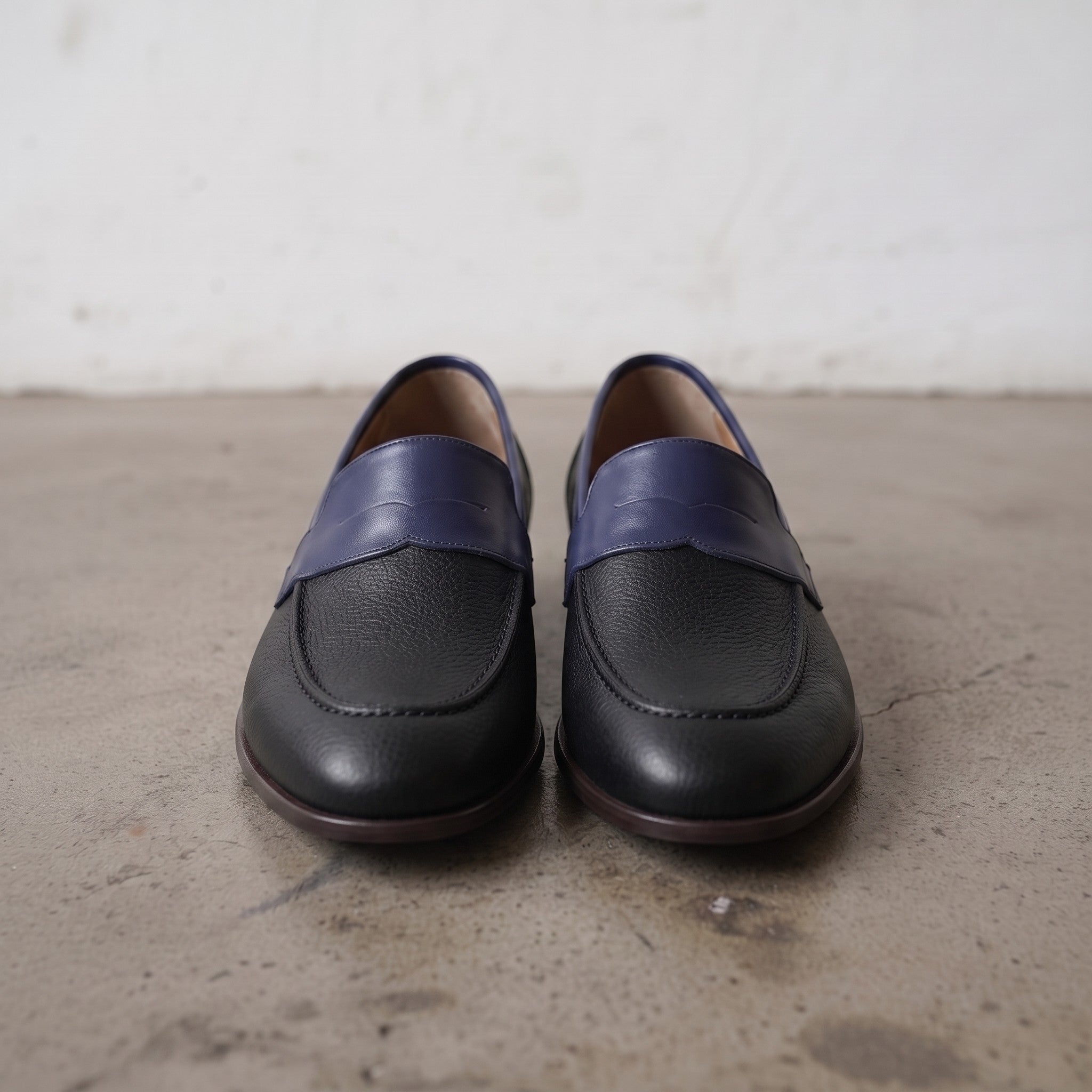 Men's Black and Dark Blue Apron-Toe Leather Penny Loafers — Stapleton