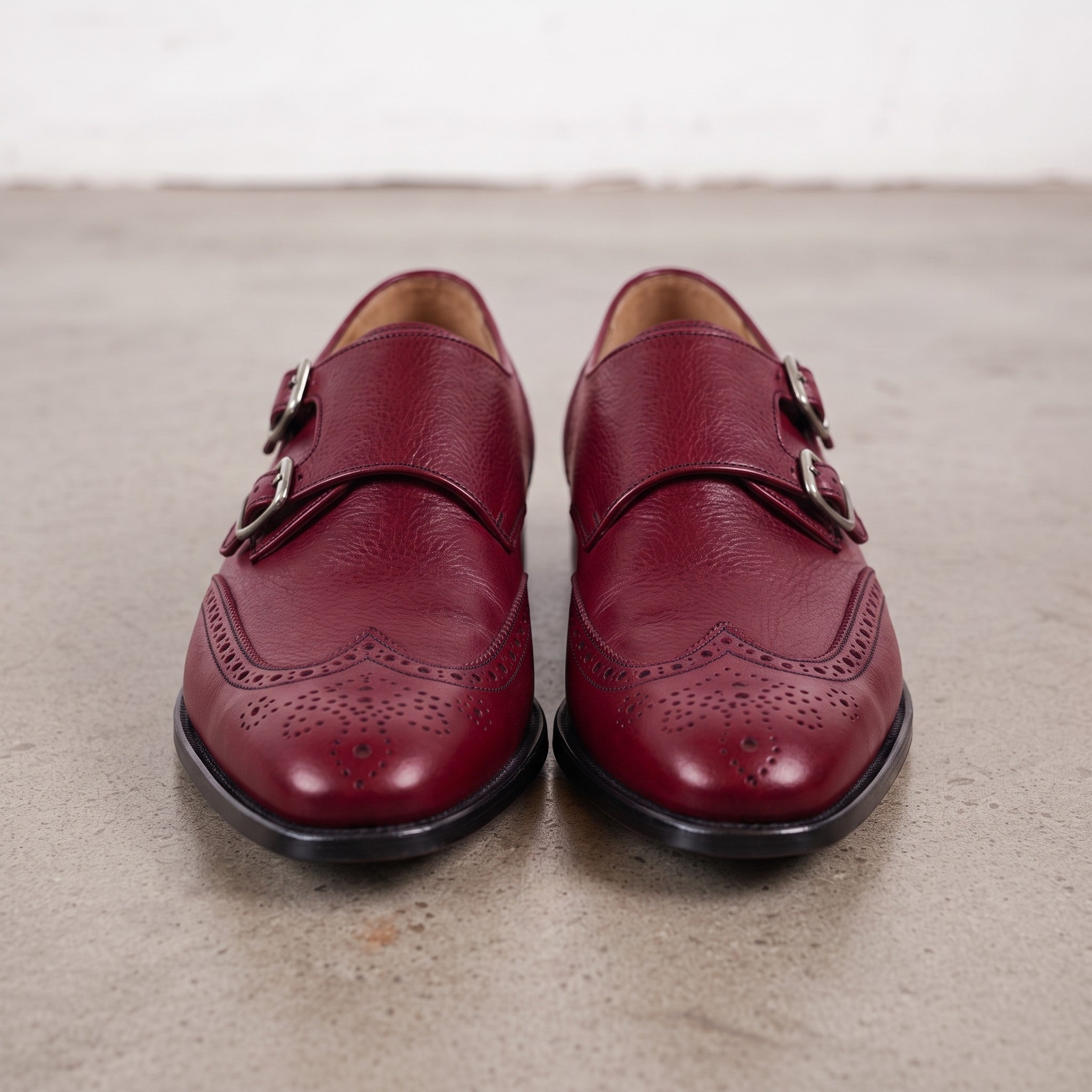 Men's Burgundy Wingtip Leather Double Monk Strap Shoes — Wilton