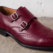 Men's Burgundy Wingtip Leather Double Monk Strap Shoes — Wilton