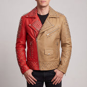 Men's Red and tan Studded Leather Perfecto Biker Jacket — Gundry