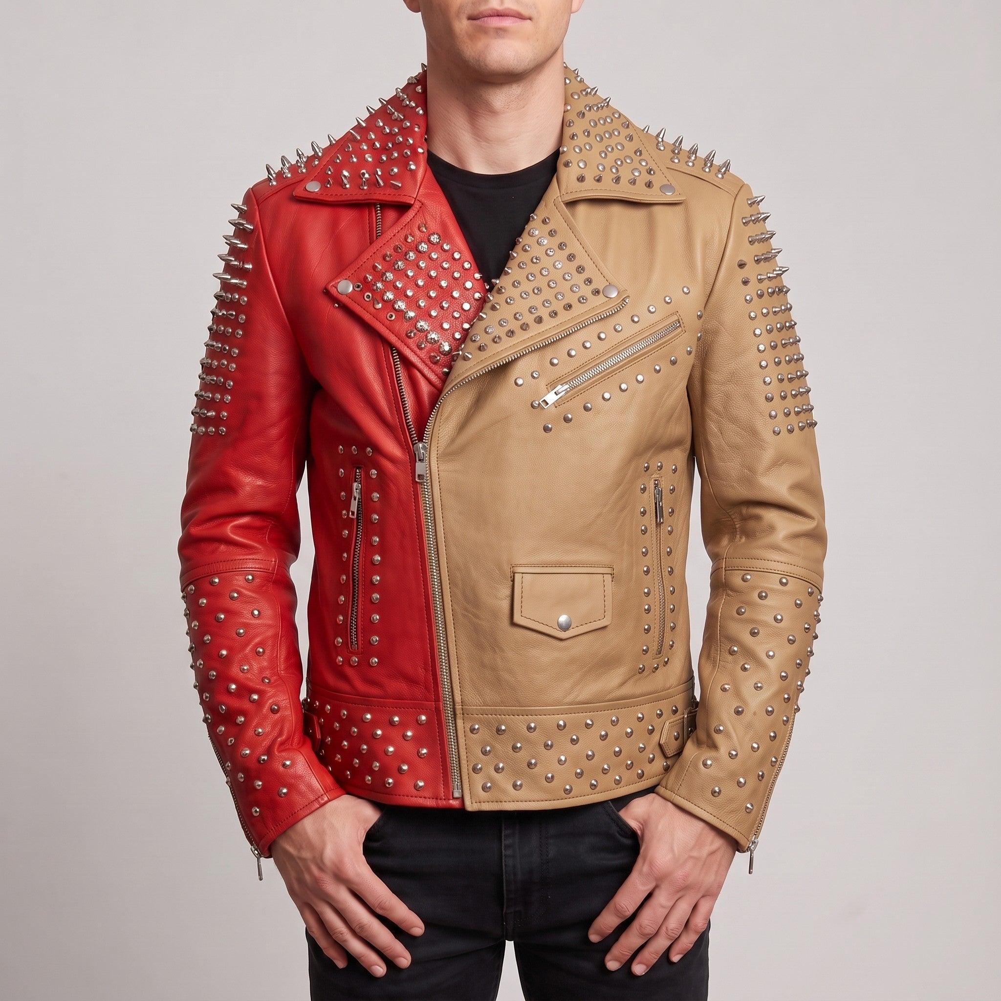 Men's Red and tan Studded Leather Perfecto Biker Jacket — Gundry