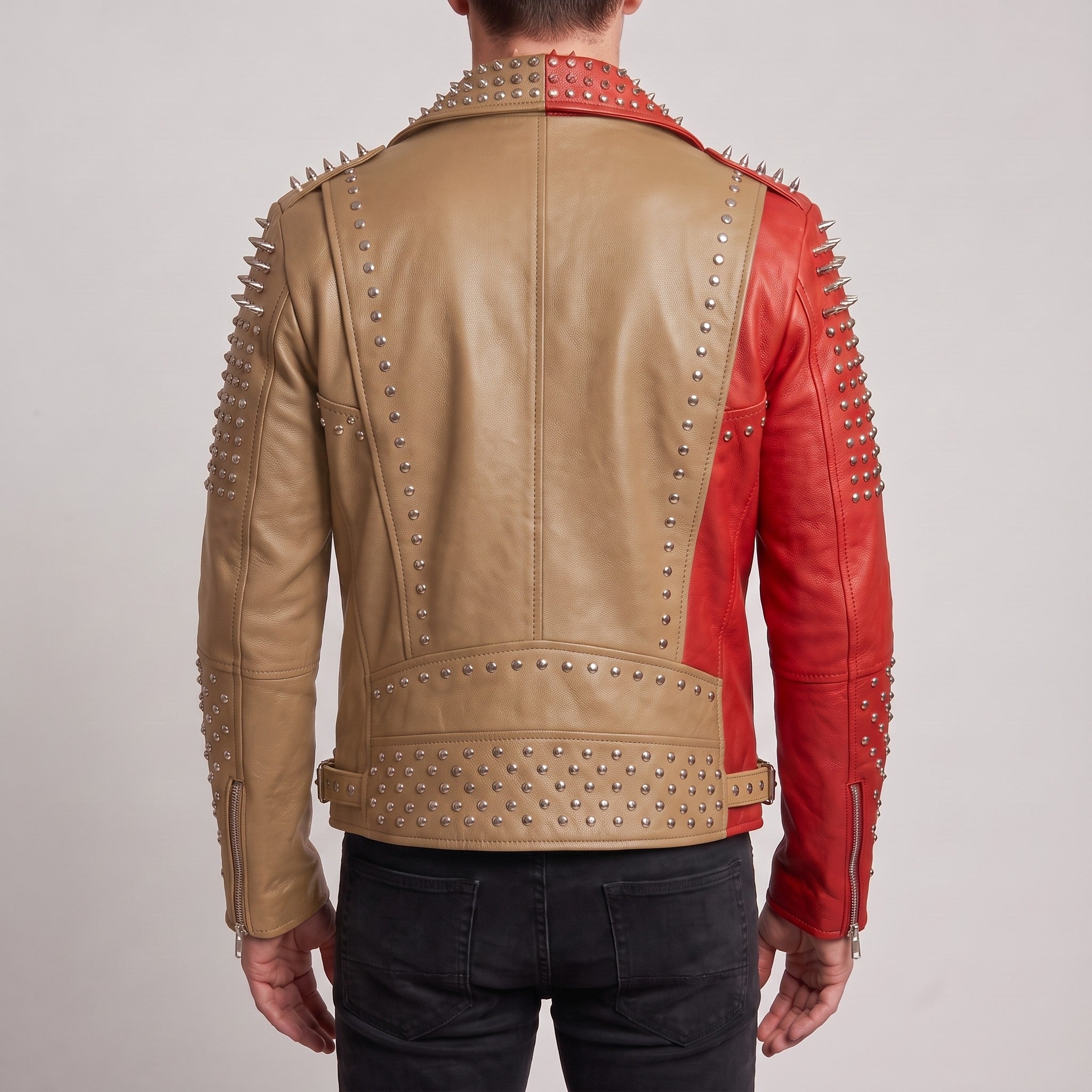 Men's Red and tan Studded Leather Perfecto Biker Jacket — Gundry