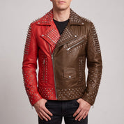 Men's Red and Brown Studded Leather Perfecto Biker Jacket — Gundry