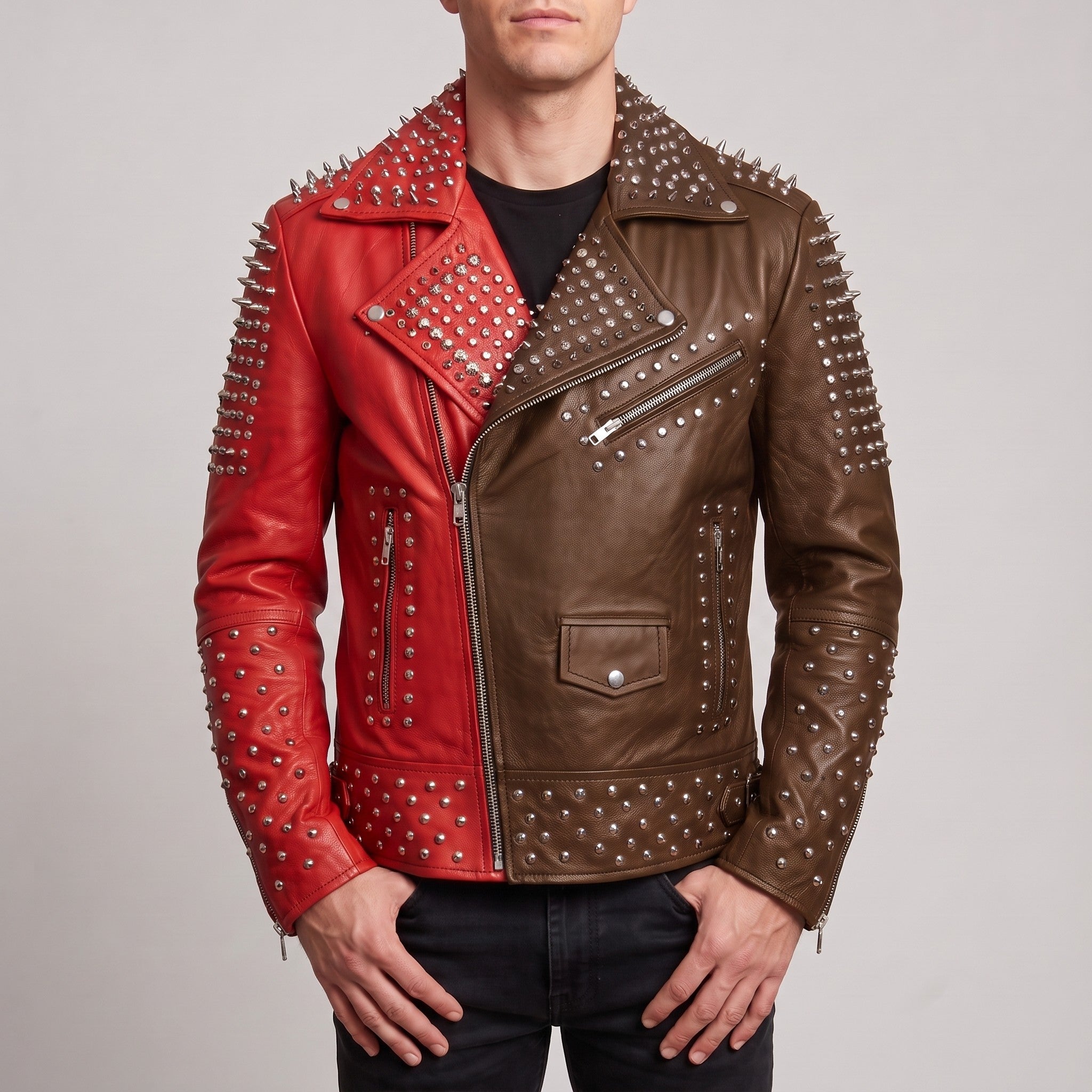 Men's Red and Brown Studded Leather Perfecto Biker Jacket — Gundry