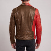 Men's Red and Brown Studded Leather Perfecto Biker Jacket — Gundry