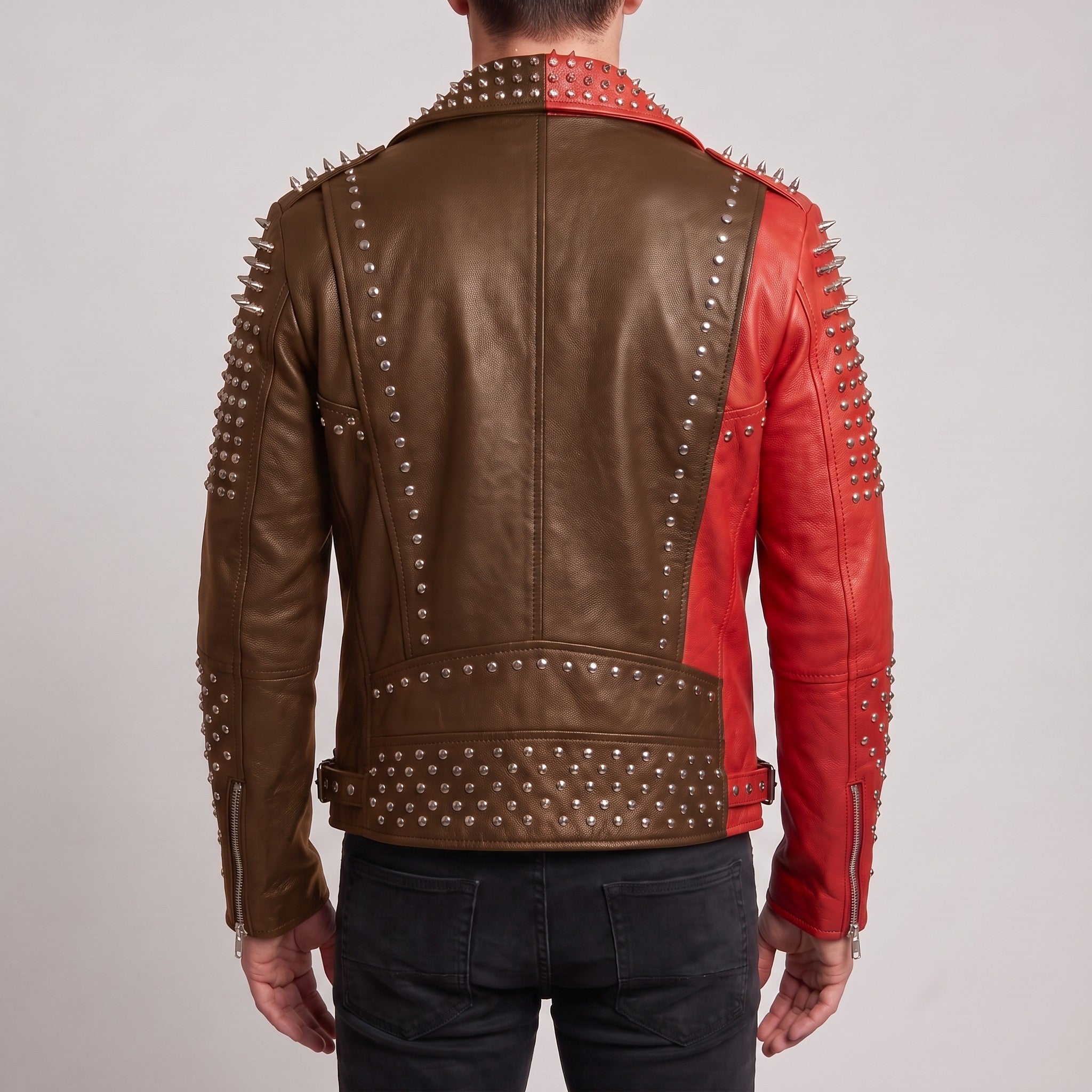 Men's Red and Brown Studded Leather Perfecto Biker Jacket — Gundry