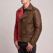 Men's Red and Brown Studded Leather Perfecto Biker Jacket — Gundry