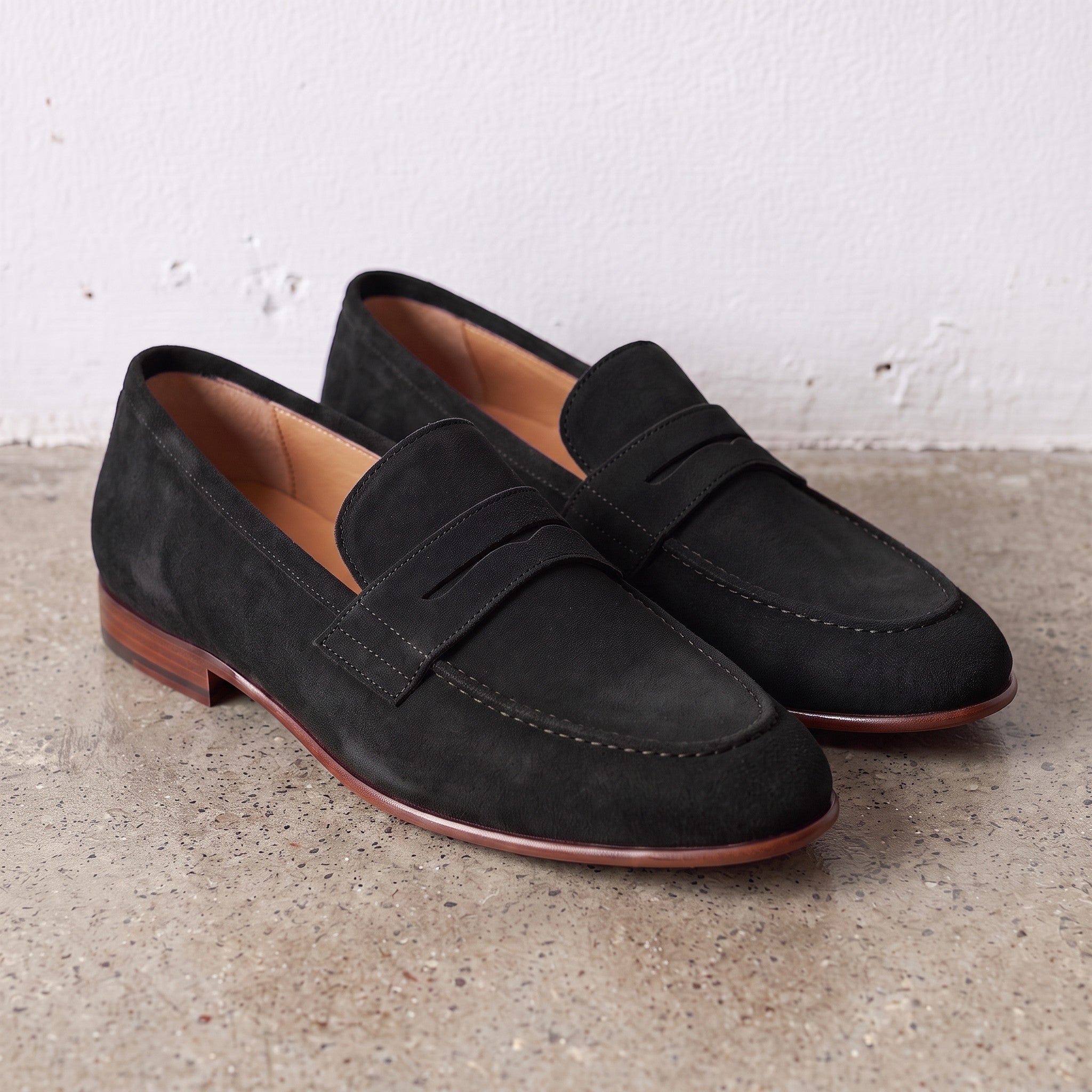 Men's Black Suede Apron-Toe Penny Loafers — Bellingham