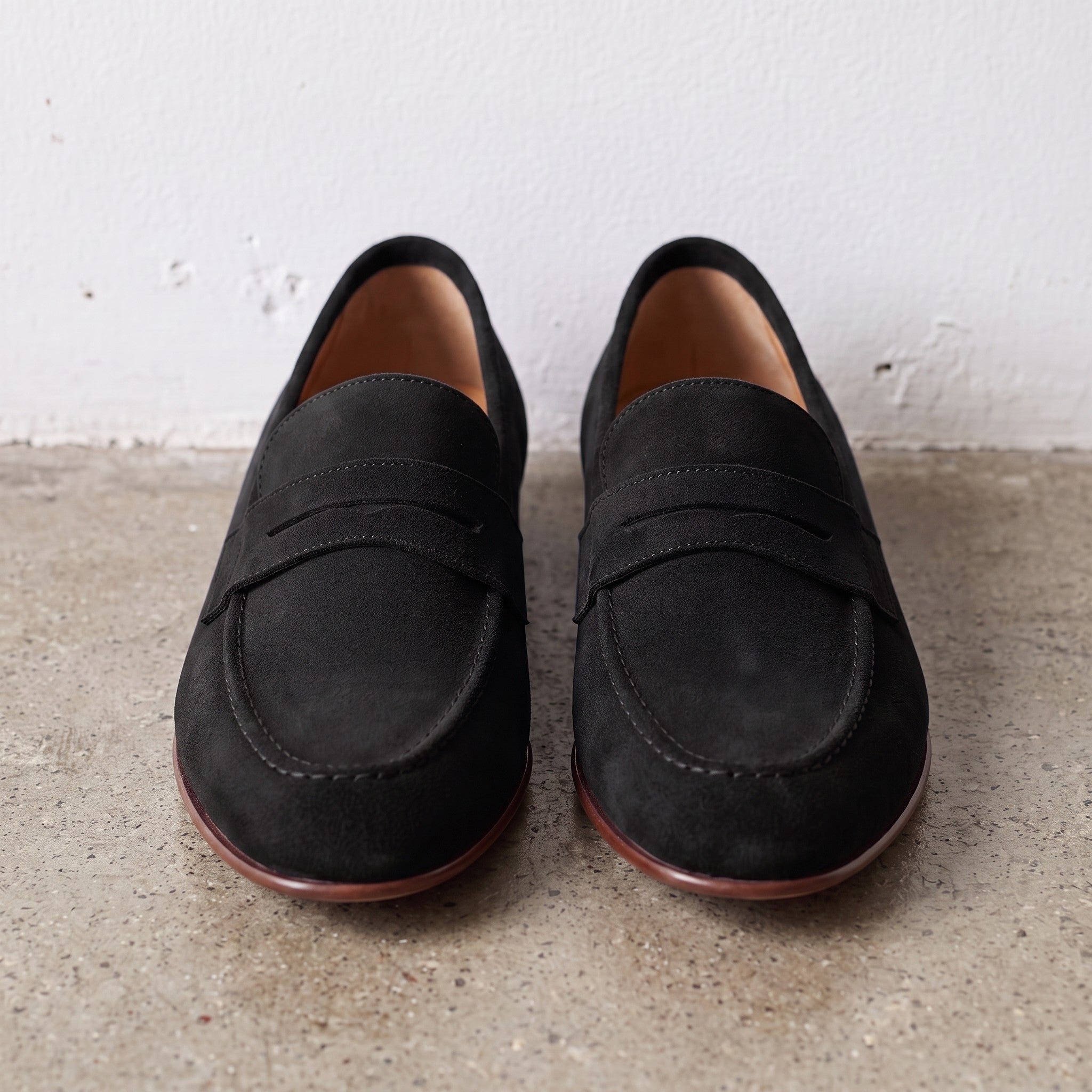 Men's Black Suede Apron-Toe Penny Loafers — Bellingham
