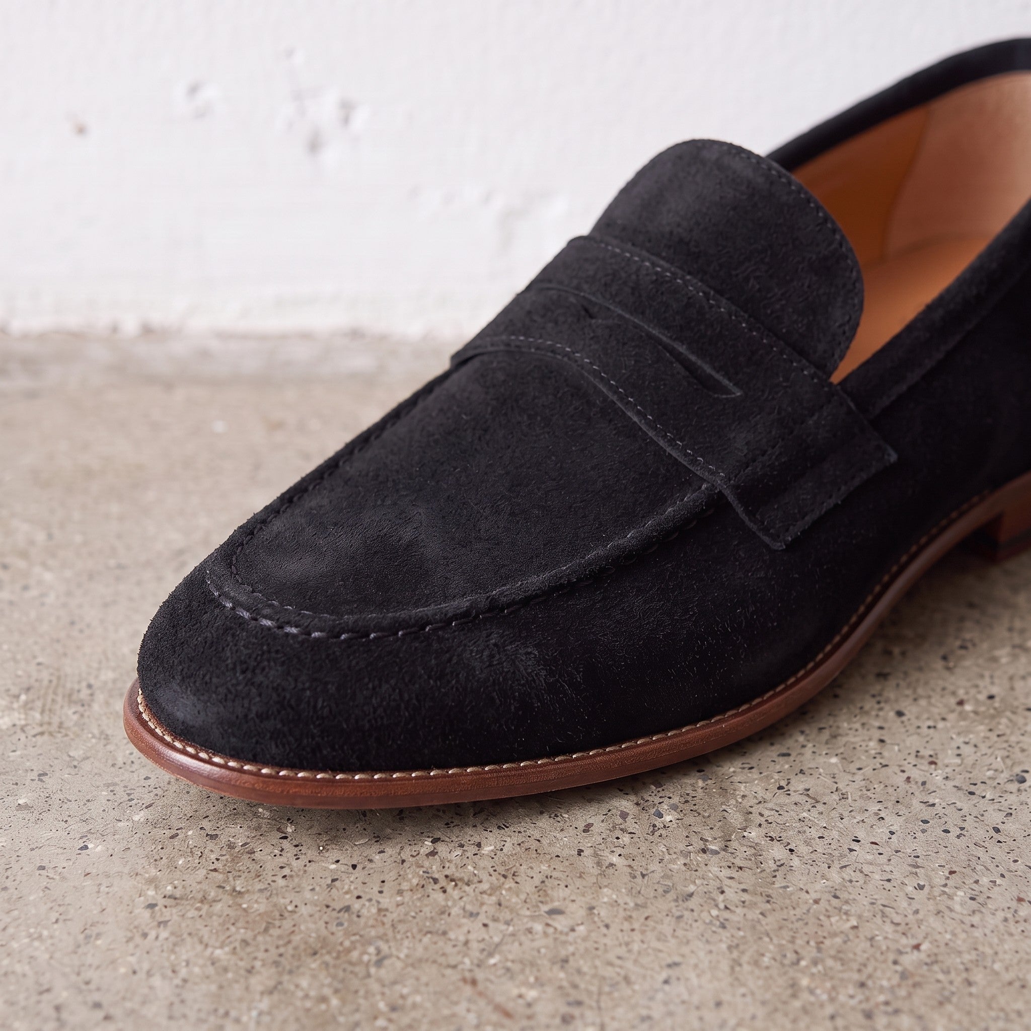Men's Black Suede Apron-Toe Penny Loafers — Bellingham
