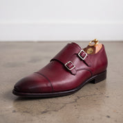 Men's Burgundy Cap-Toe Leather Double Monk Strap Shoes — Irlam