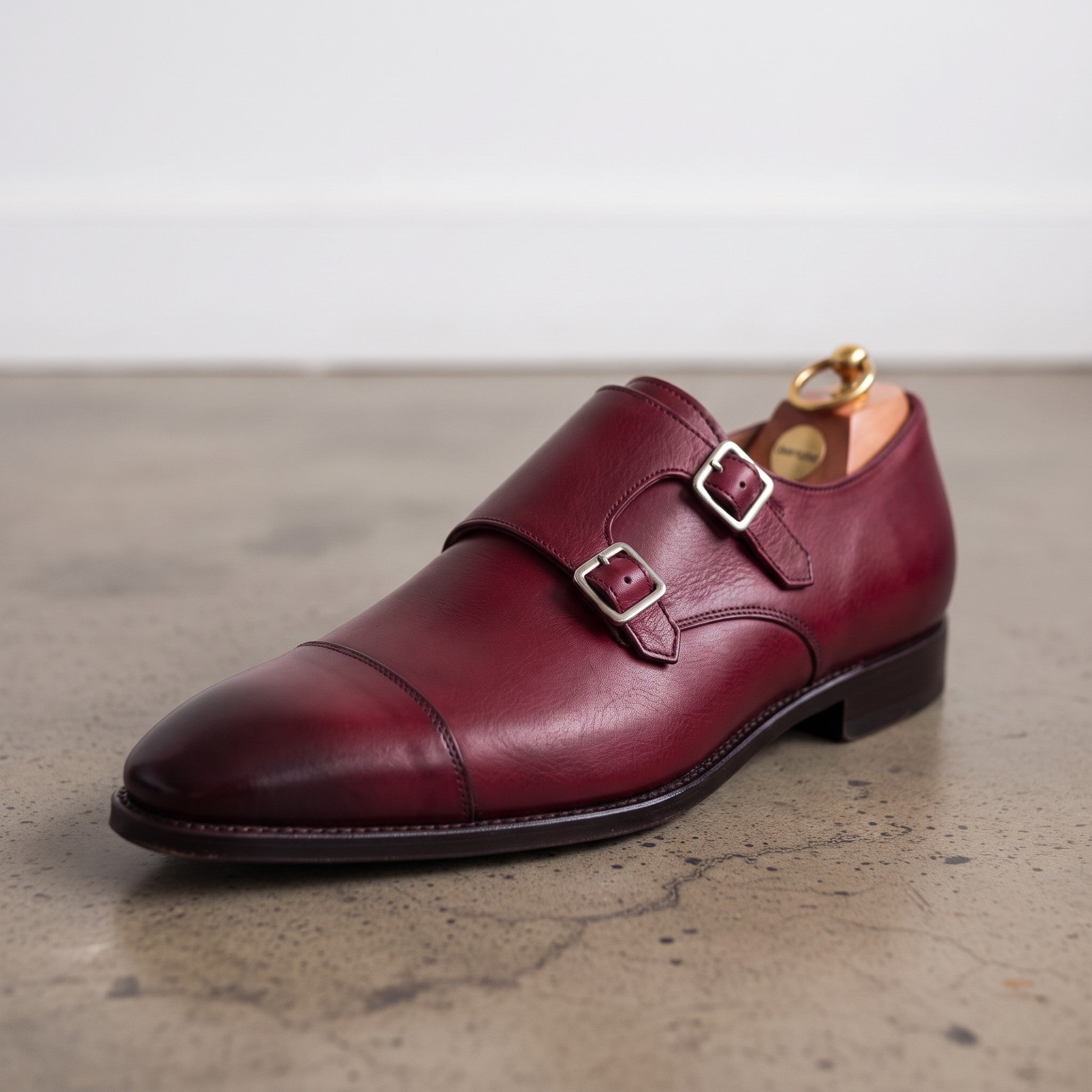 Men's Burgundy Cap-Toe Leather Double Monk Strap Shoes — Irlam