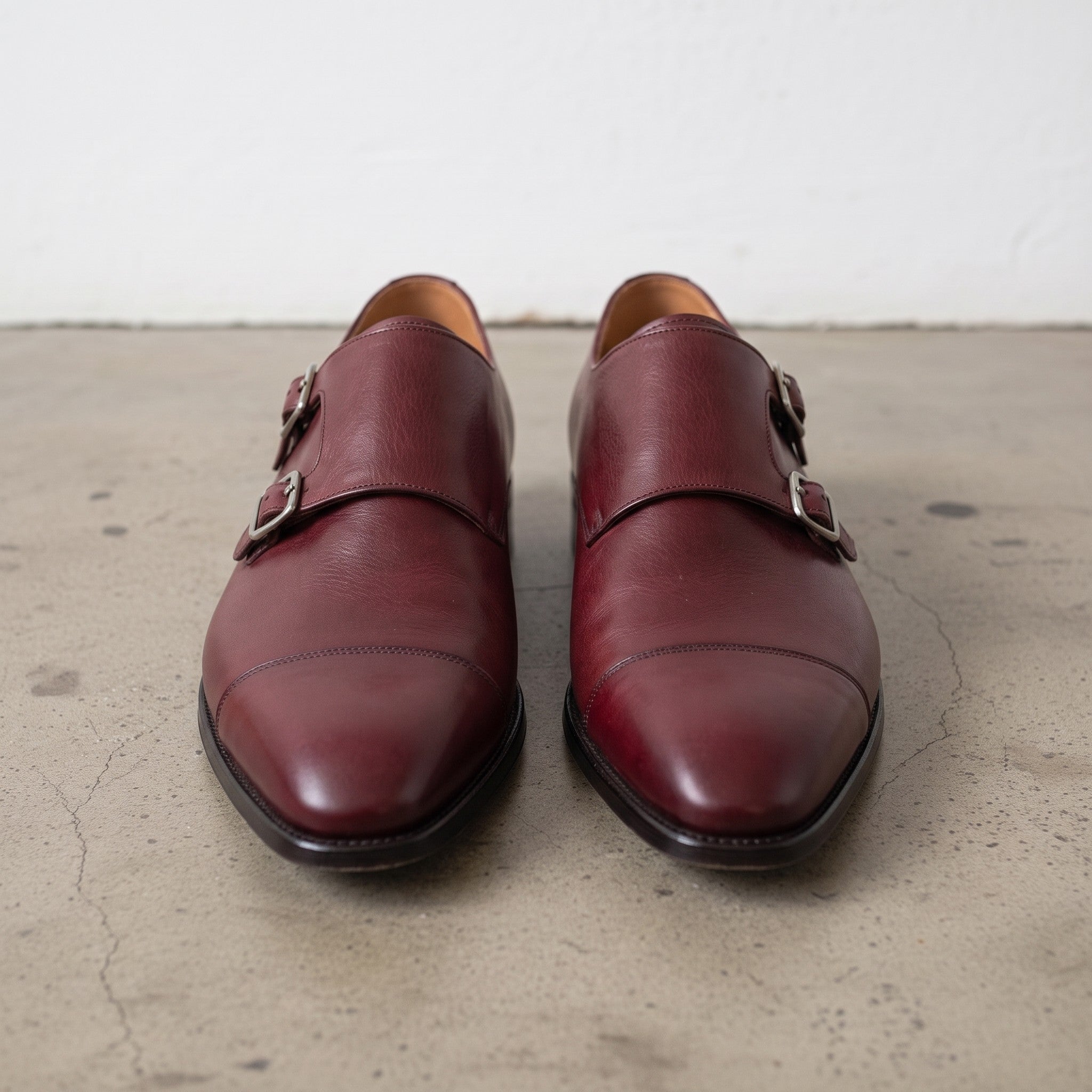Men's Burgundy Cap-Toe Leather Double Monk Strap Shoes — Irlam