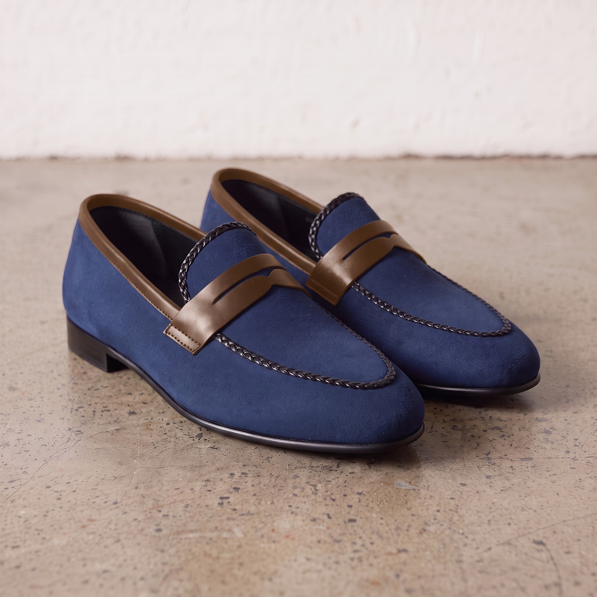 Men's Blue and Brown Apron-Toe Suede Penny Loafers — Akenside