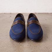 Men's Blue and Brown Apron-Toe Suede Penny Loafers — Akenside