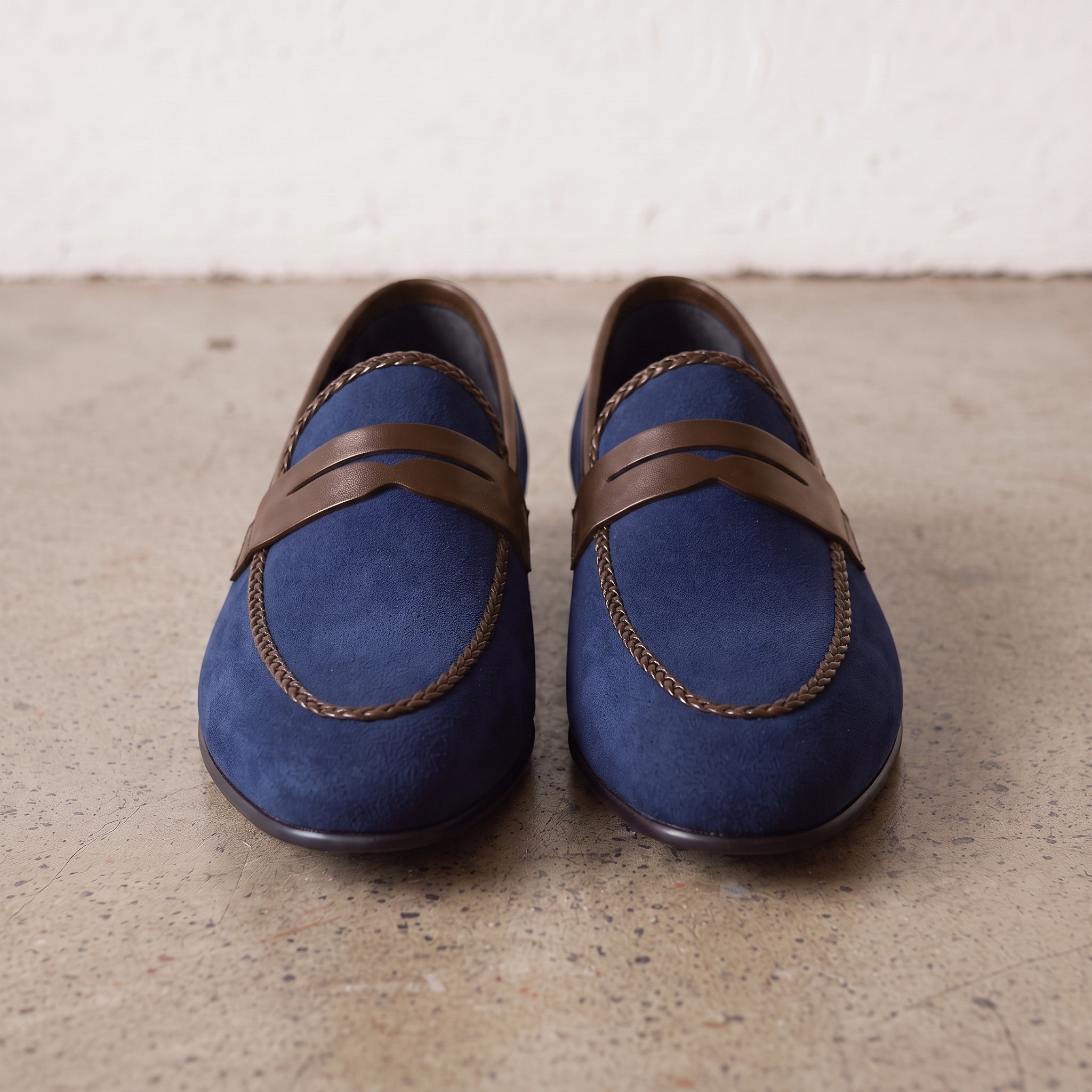 Men's Blue and Brown Apron-Toe Suede Penny Loafers — Akenside