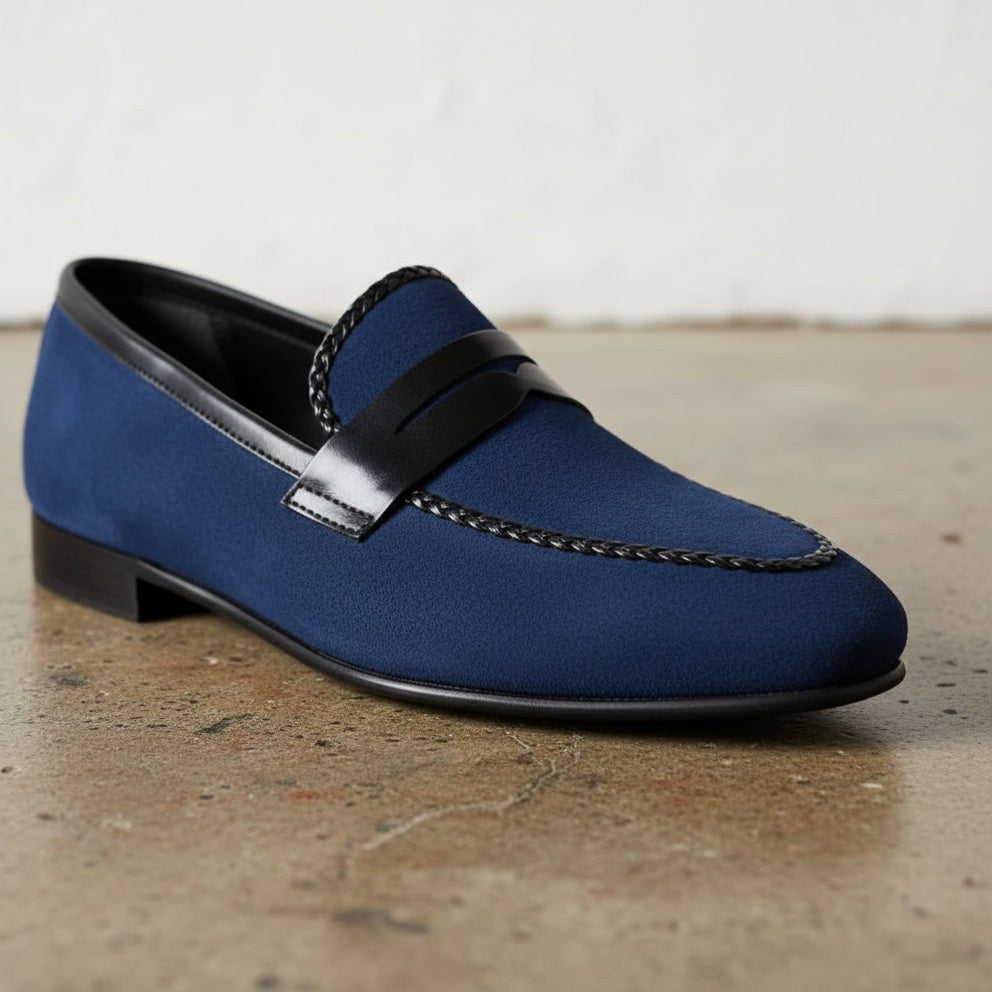 Men's Blue Plain-Toe Suede Penny Loafers — Akenside
