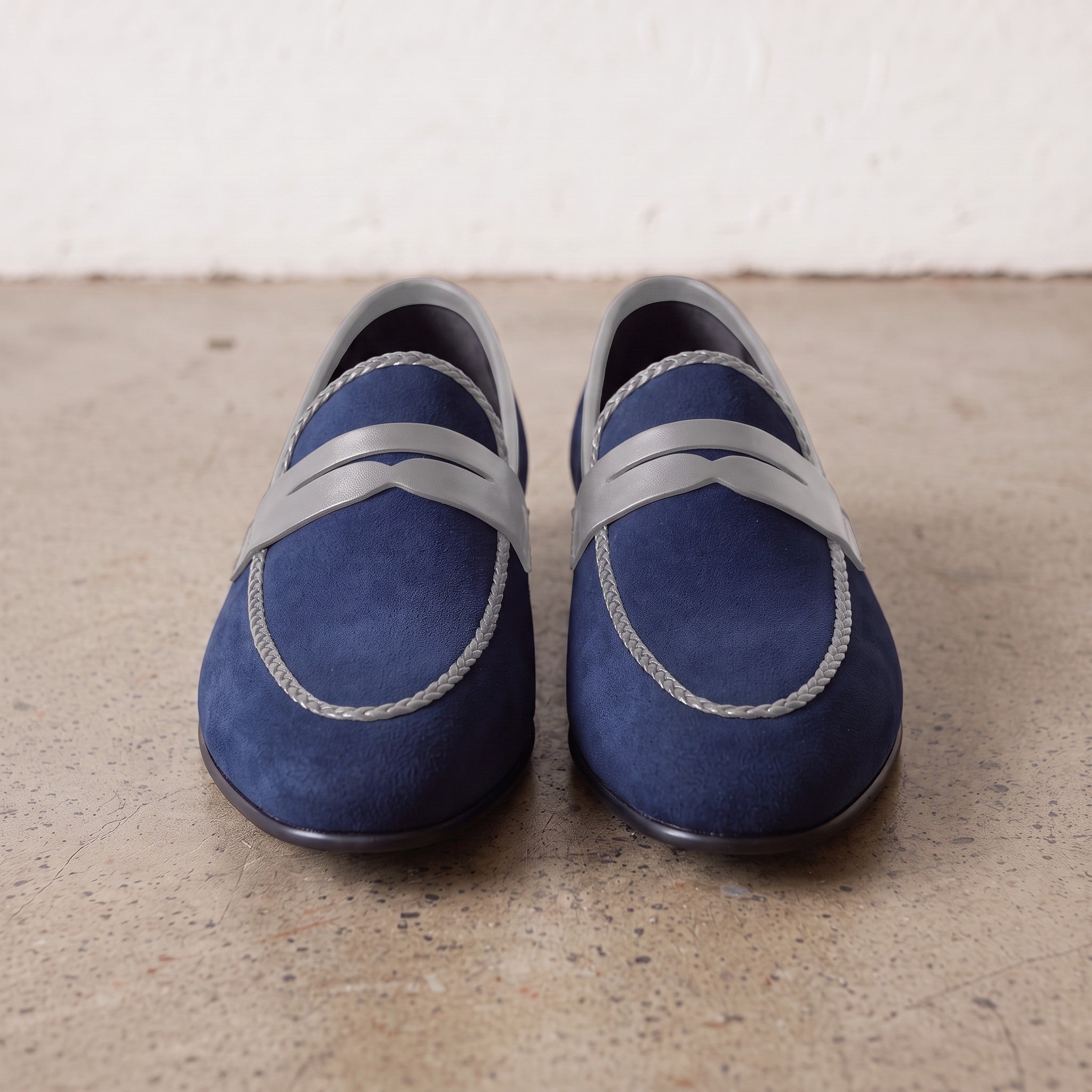 Men's Blue and Light Gray Apron-Toe Suede Penny Loafers — Akenside