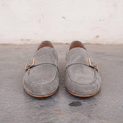 Men's Light Gray Apron-Toe Suede Monk Strap Loafers — Dishington