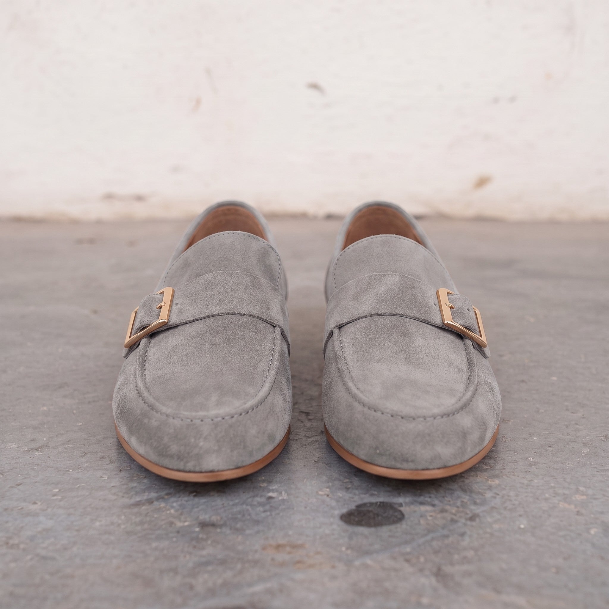 Men's Light Gray Apron-Toe Suede Monk Strap Loafers — Dishington