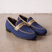 Men's Blue and Tan Apron-Toe Suede Penny Loafers — Akenside