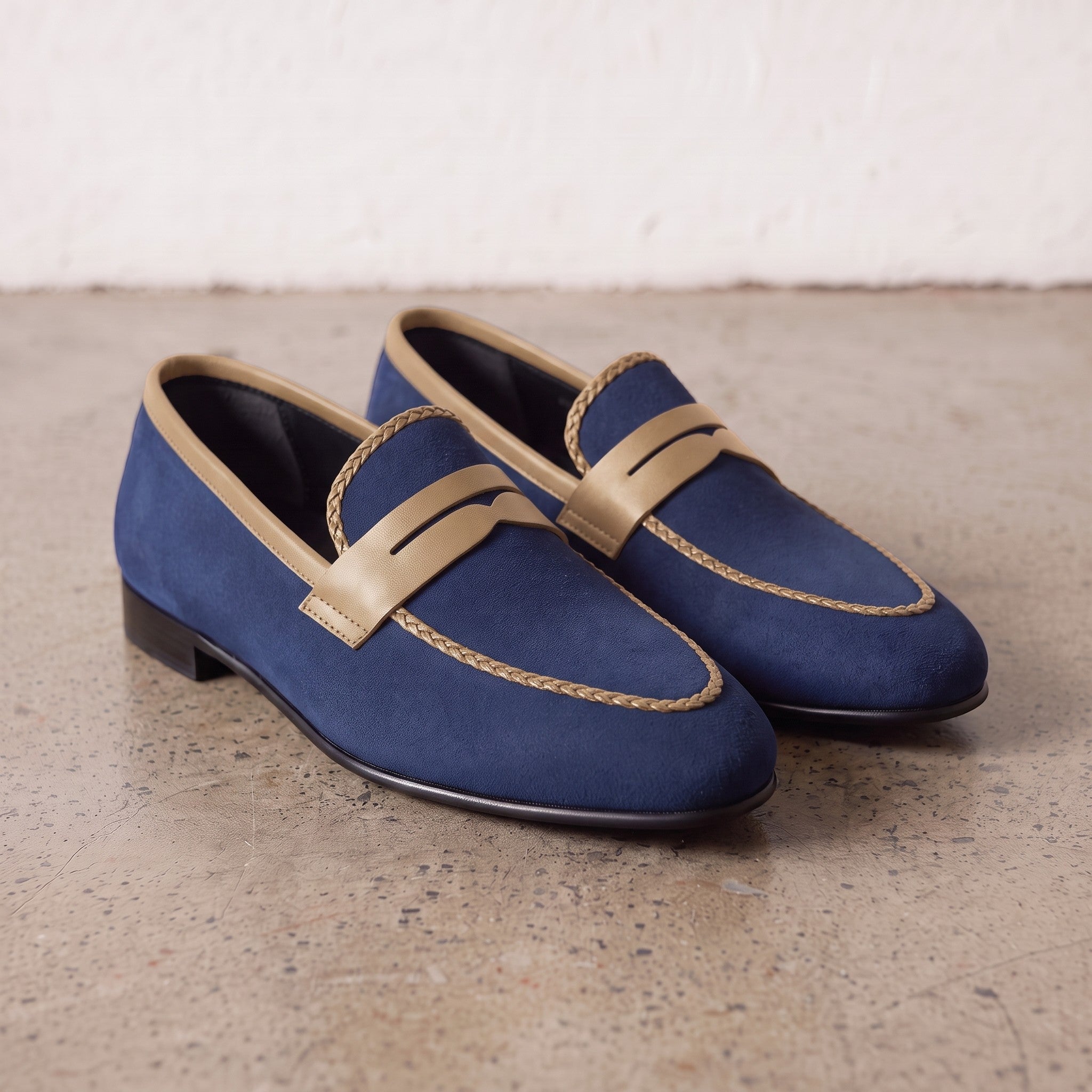 Men's Blue and Tan Apron-Toe Suede Penny Loafers — Akenside