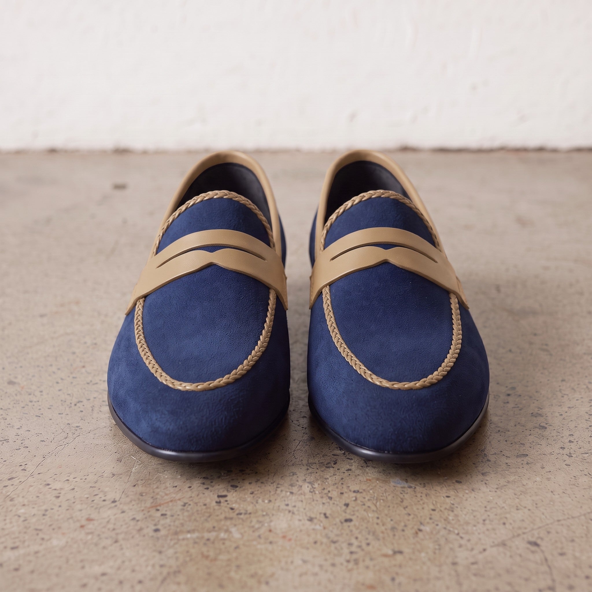 Men's Blue and Tan Apron-Toe Suede Penny Loafers — Akenside