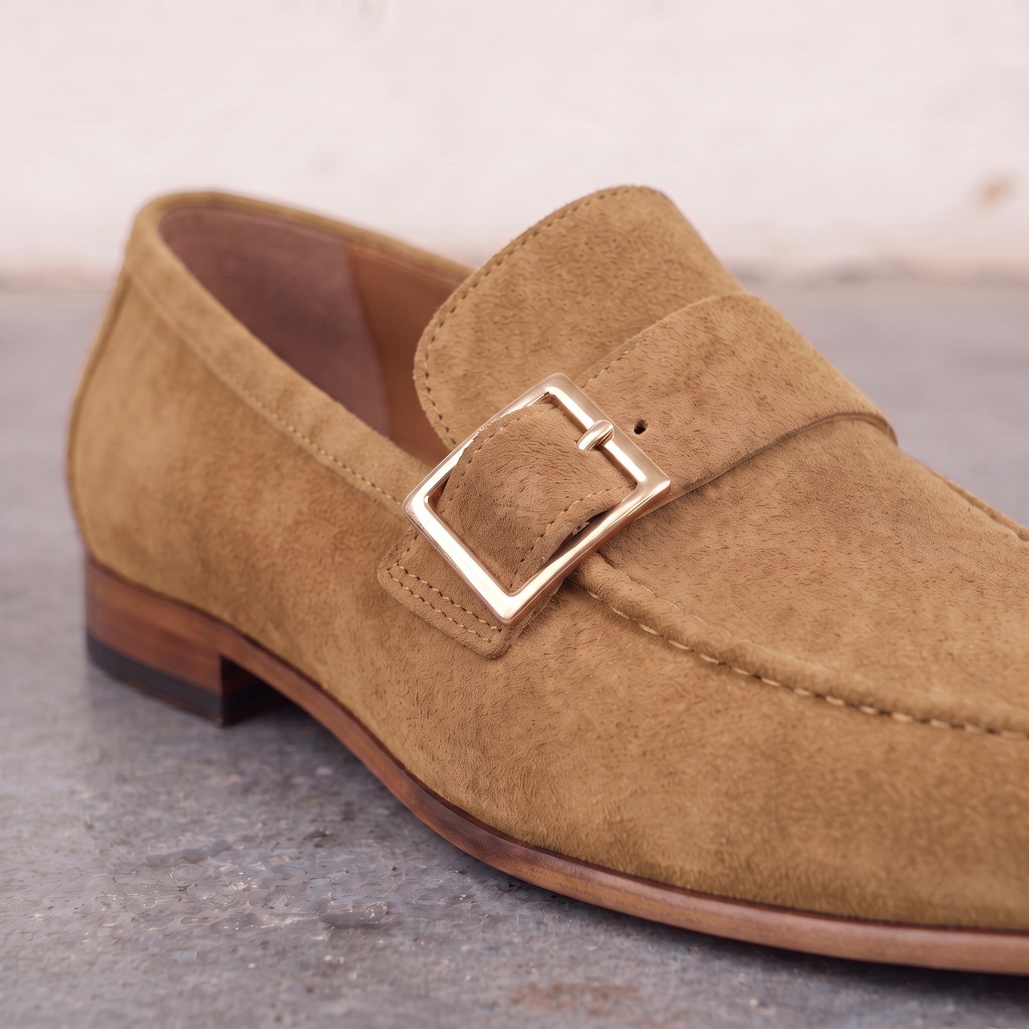 Men's Tan Apron-Toe Suede Monk Strap Loafers — Dishington