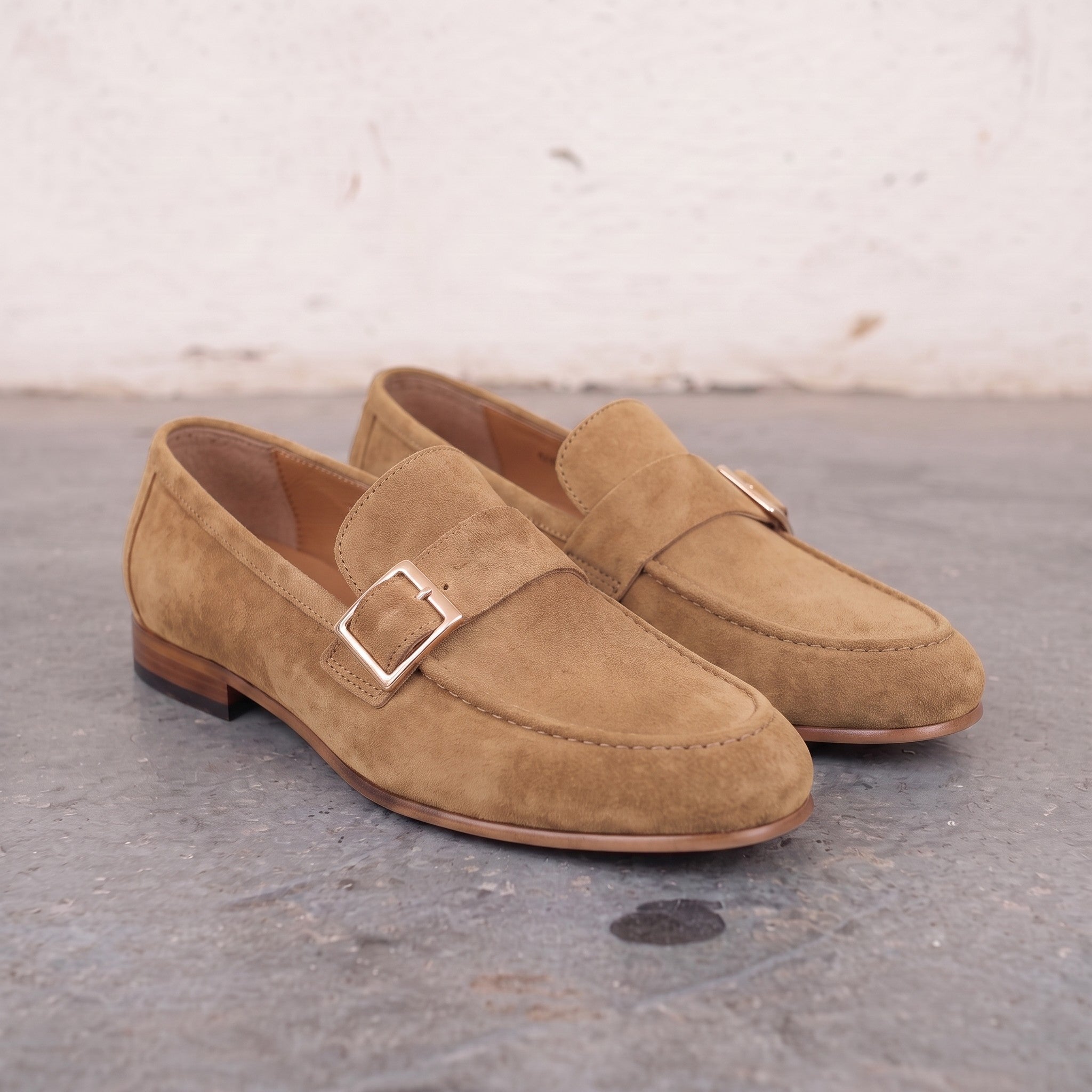 Men's Tan Apron-Toe Suede Monk Strap Loafers — Dishington