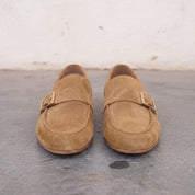 Men's Tan Apron-Toe Suede Monk Strap Loafers — Dishington