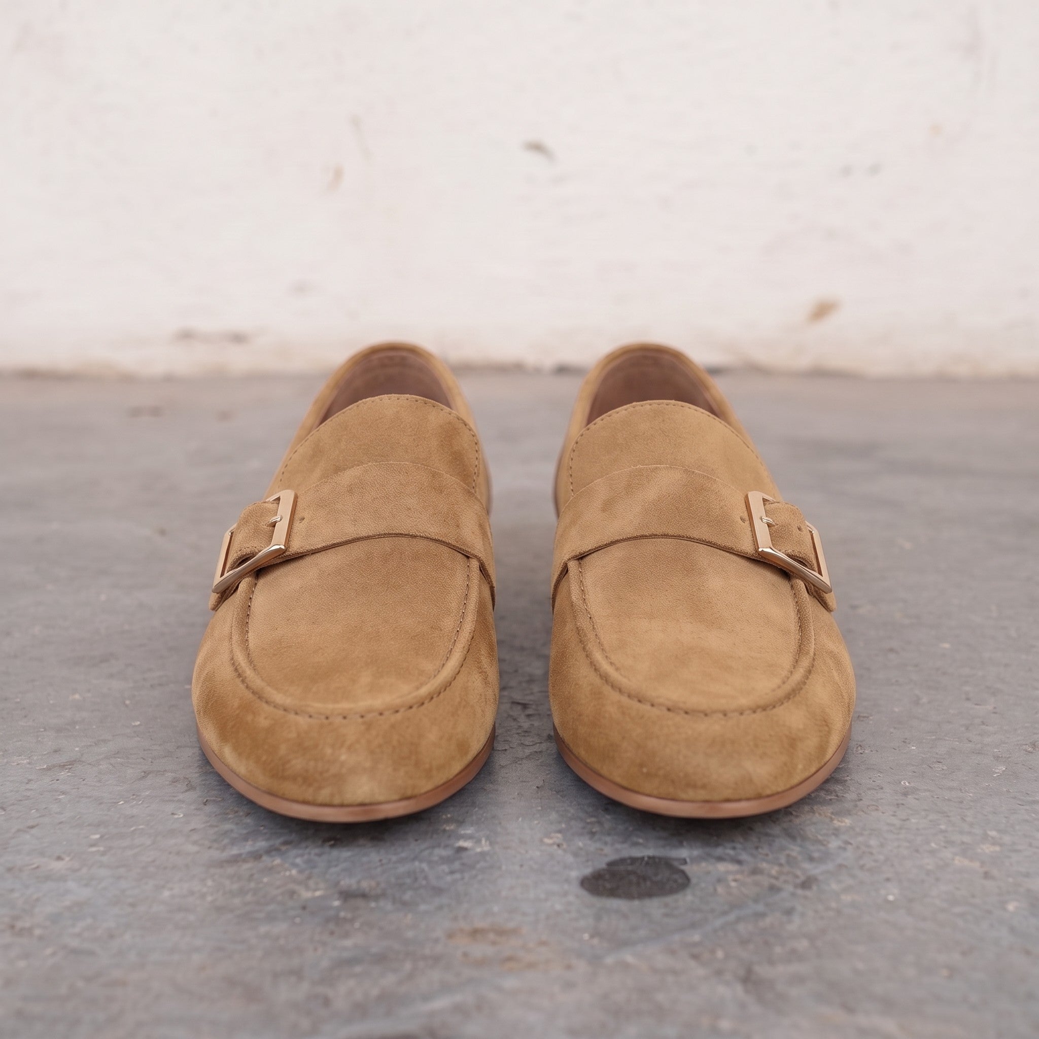 Men's Tan Apron-Toe Suede Monk Strap Loafers — Dishington