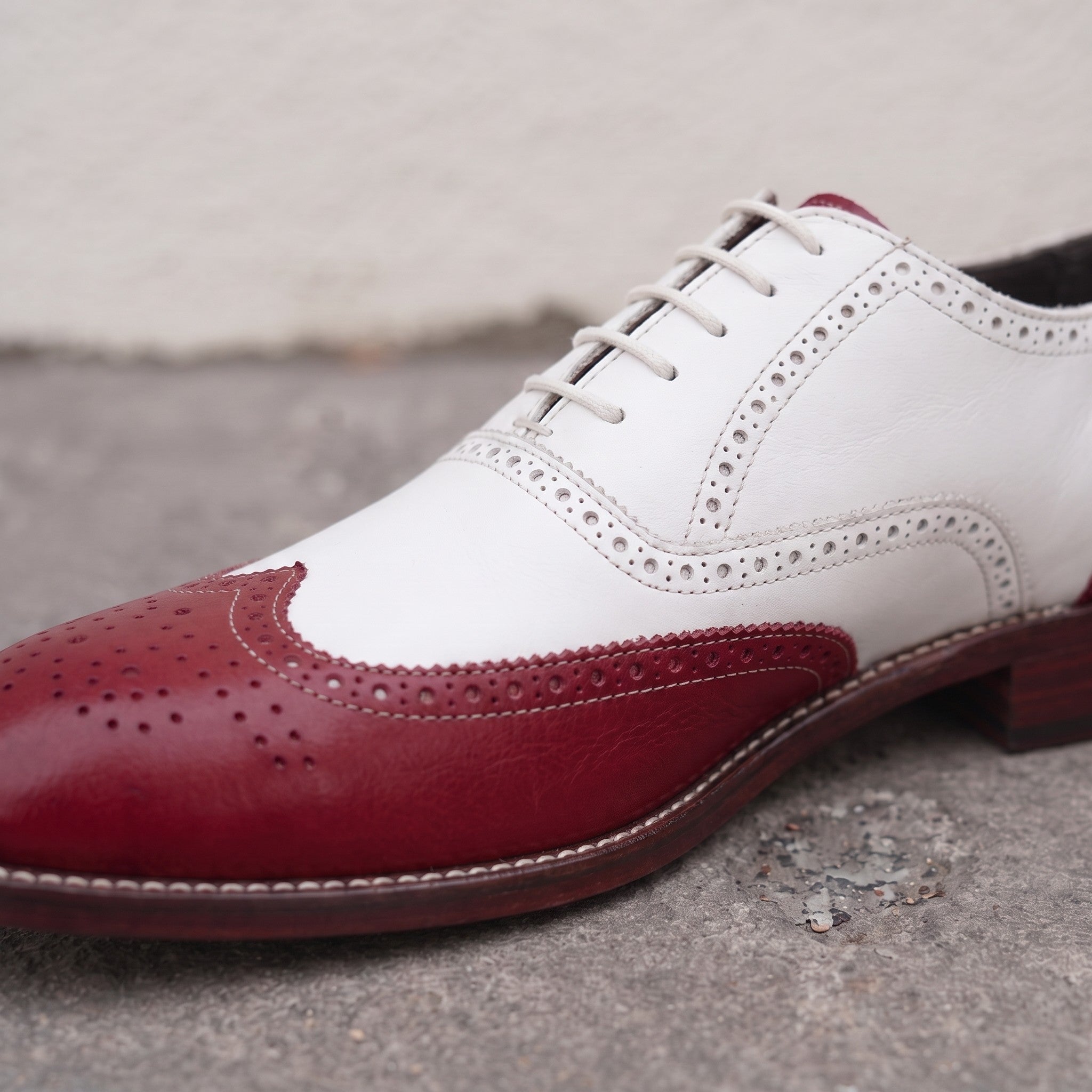 White and Burgundy Wingtip Leather Spectator Oxfords — Alsop