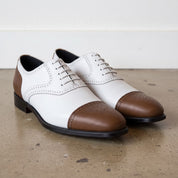 Men's White and Brown Cap-Toe Spectator Leather Oxfords — Craven