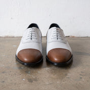 Men's White and Brown Cap-Toe Spectator Leather Oxfords — Craven
