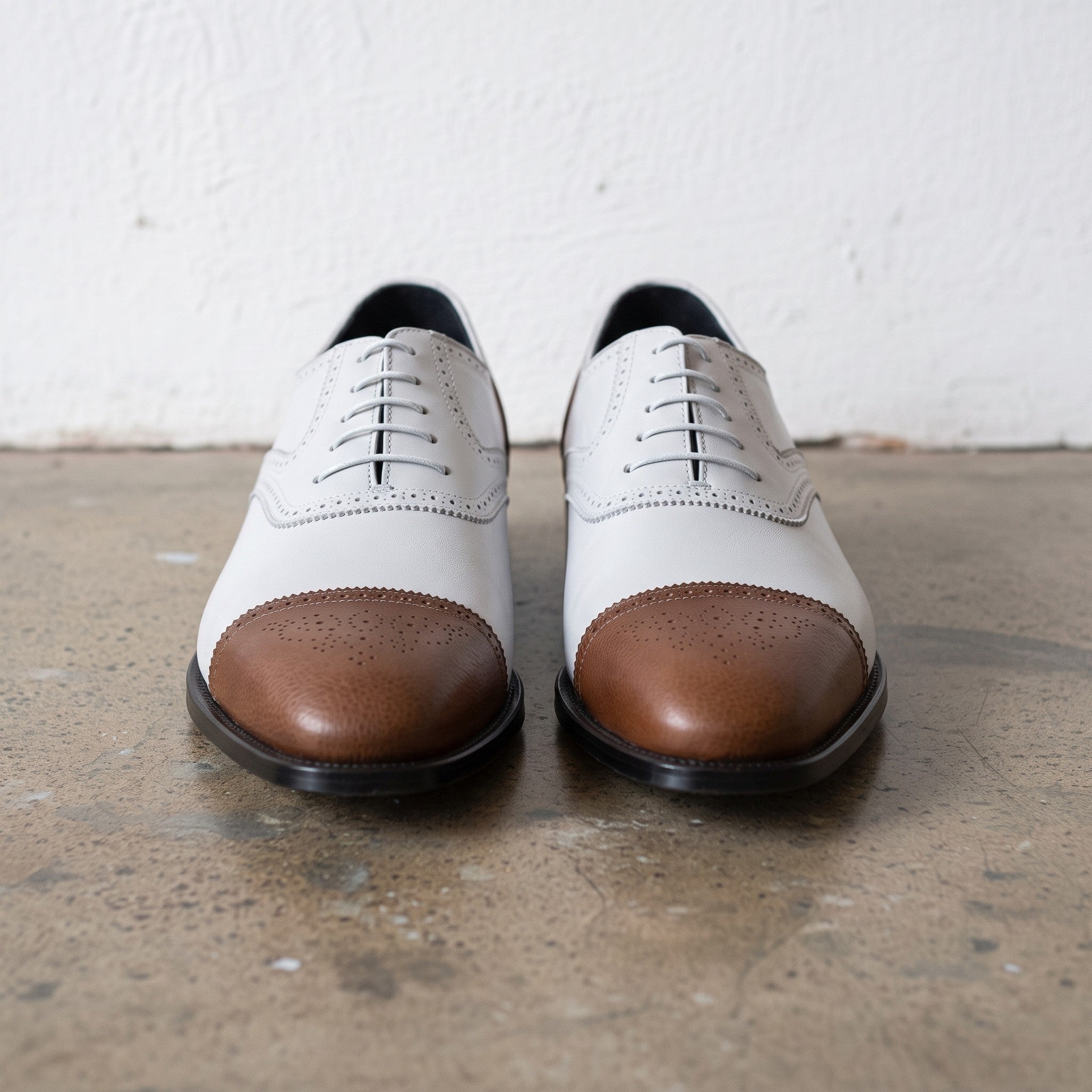Men's White and Brown Cap-Toe Spectator Leather Oxfords — Craven