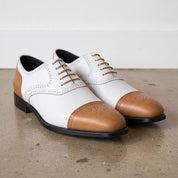 Men's White and Tan Cap-Toe Spectator Leather Oxfords — Craven