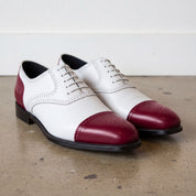 Men's White and Burgundy Cap-Toe Spectator Leather Oxfords — Craven