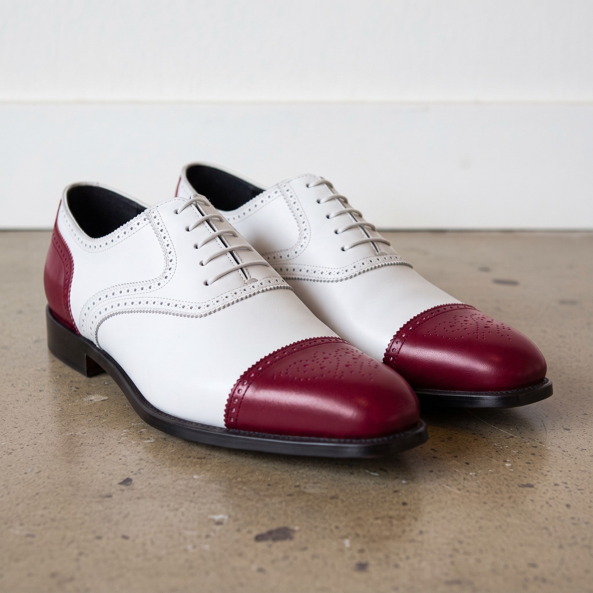 Men's White and Burgundy Cap-Toe Spectator Leather Oxfords — Craven