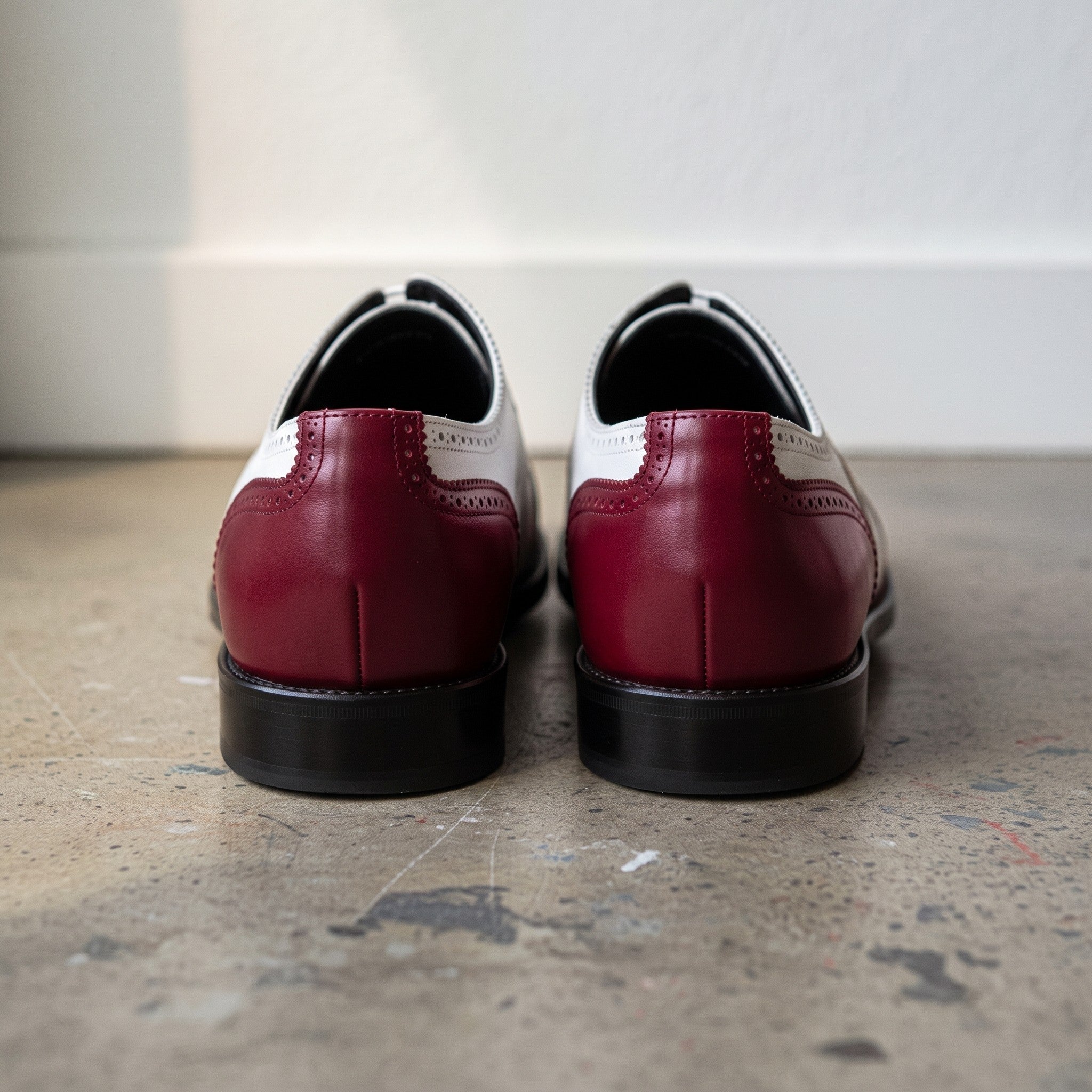 Men's White and Burgundy Cap-Toe Spectator Leather Oxfords — Craven