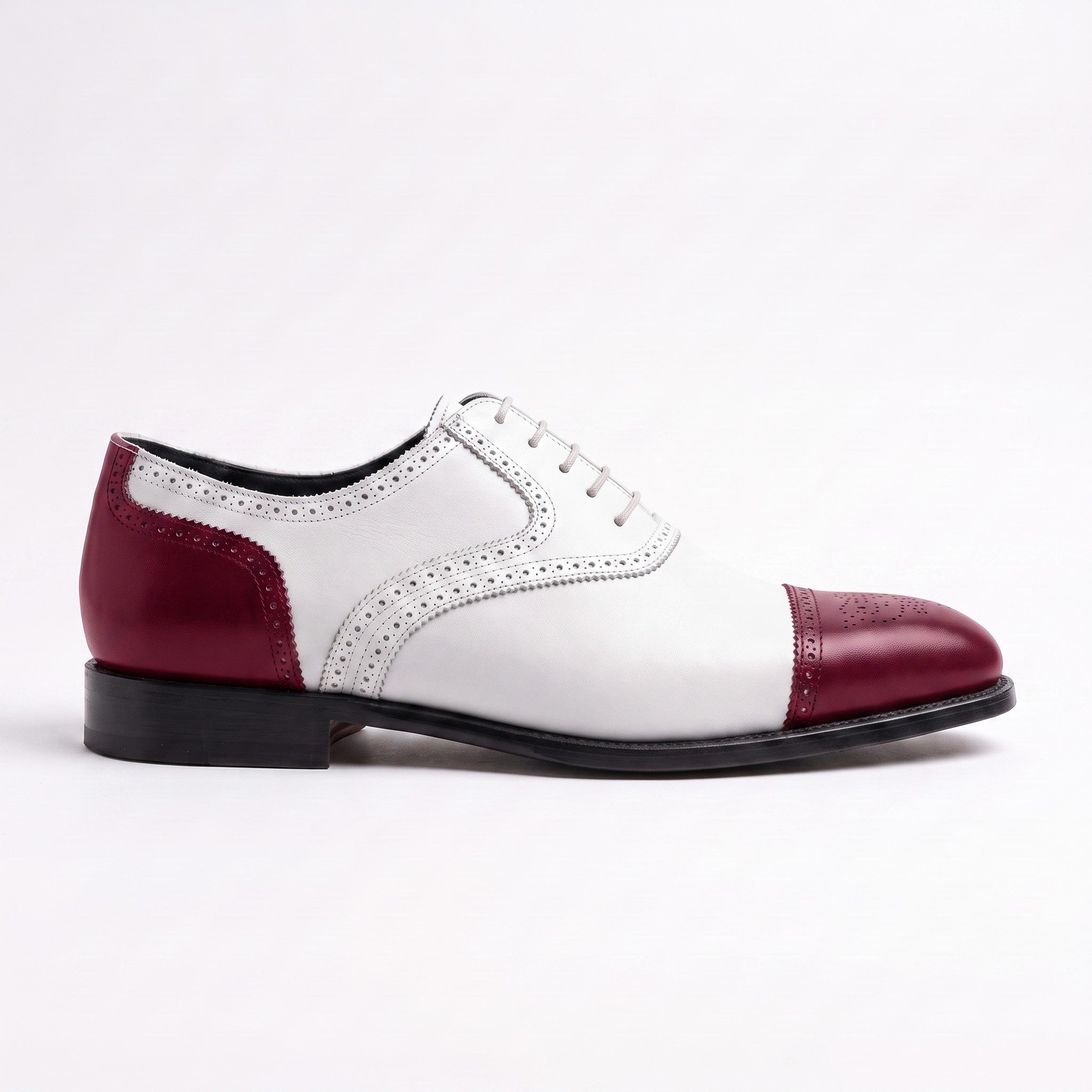 Men's White and Burgundy Cap-Toe Spectator Leather Oxfords — Craven