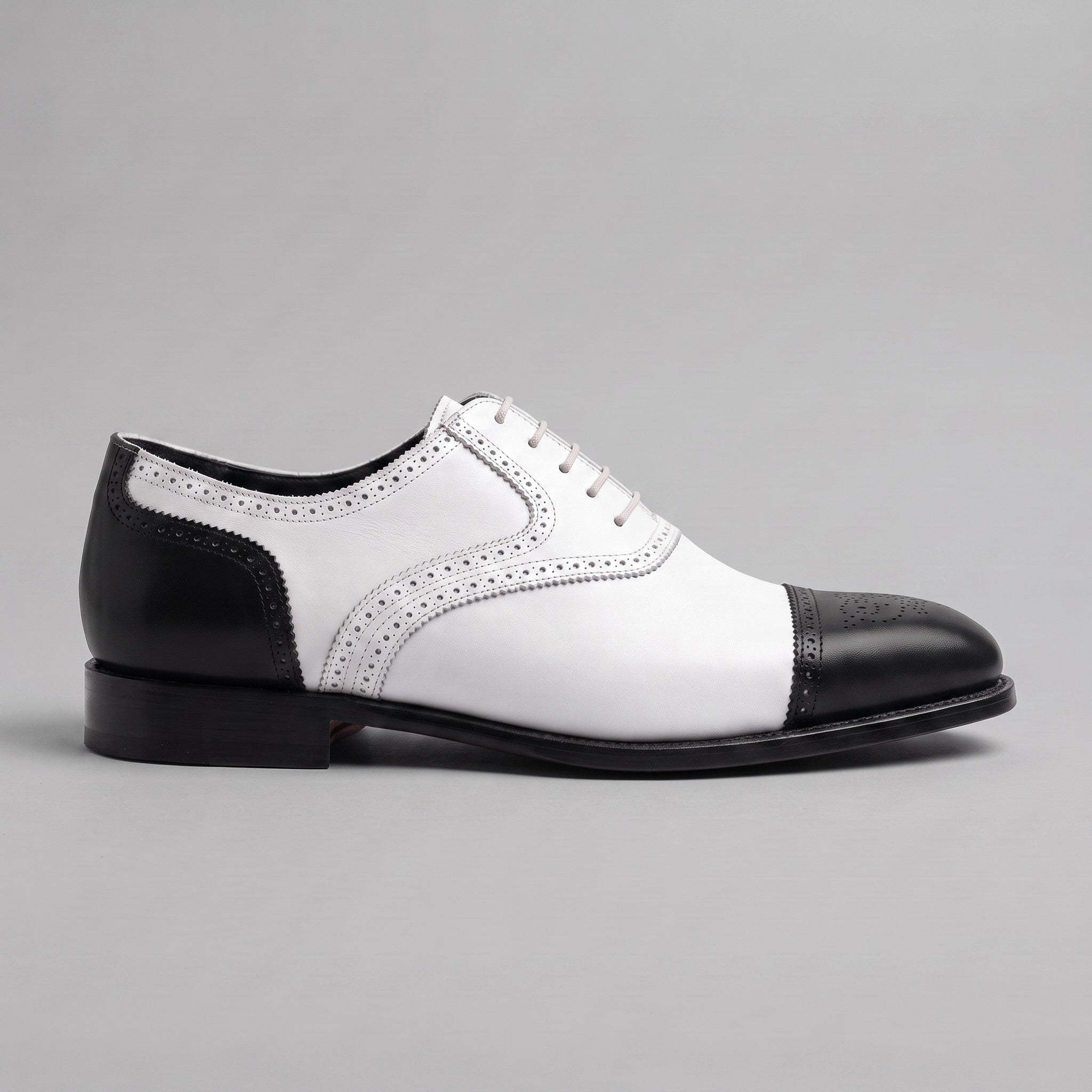 Men's White and Black Cap-Toe Spectator Leather Oxfords — Craven