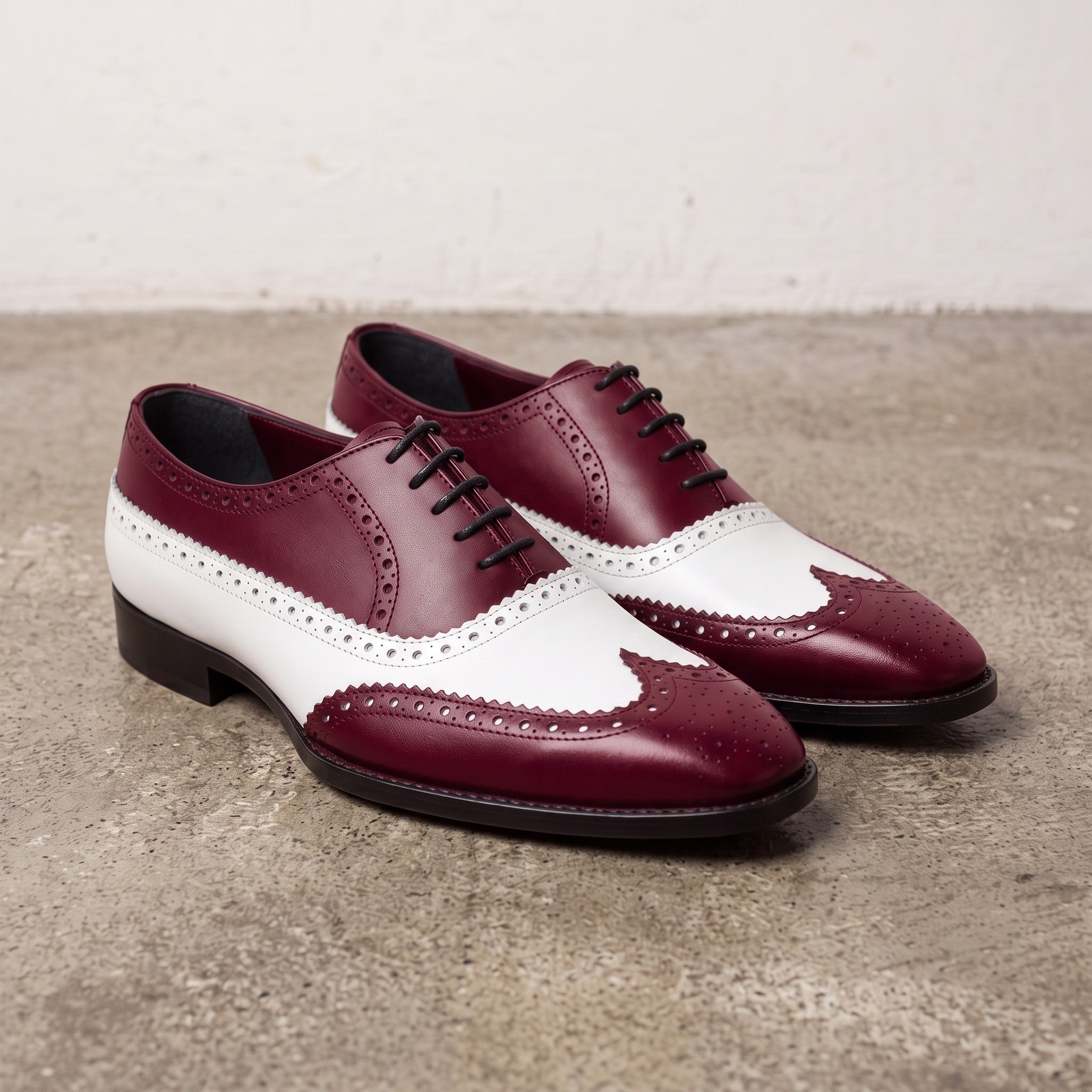 Men's Burgundy and White Wingtip Leather Spectator Oxfords — Bridgham