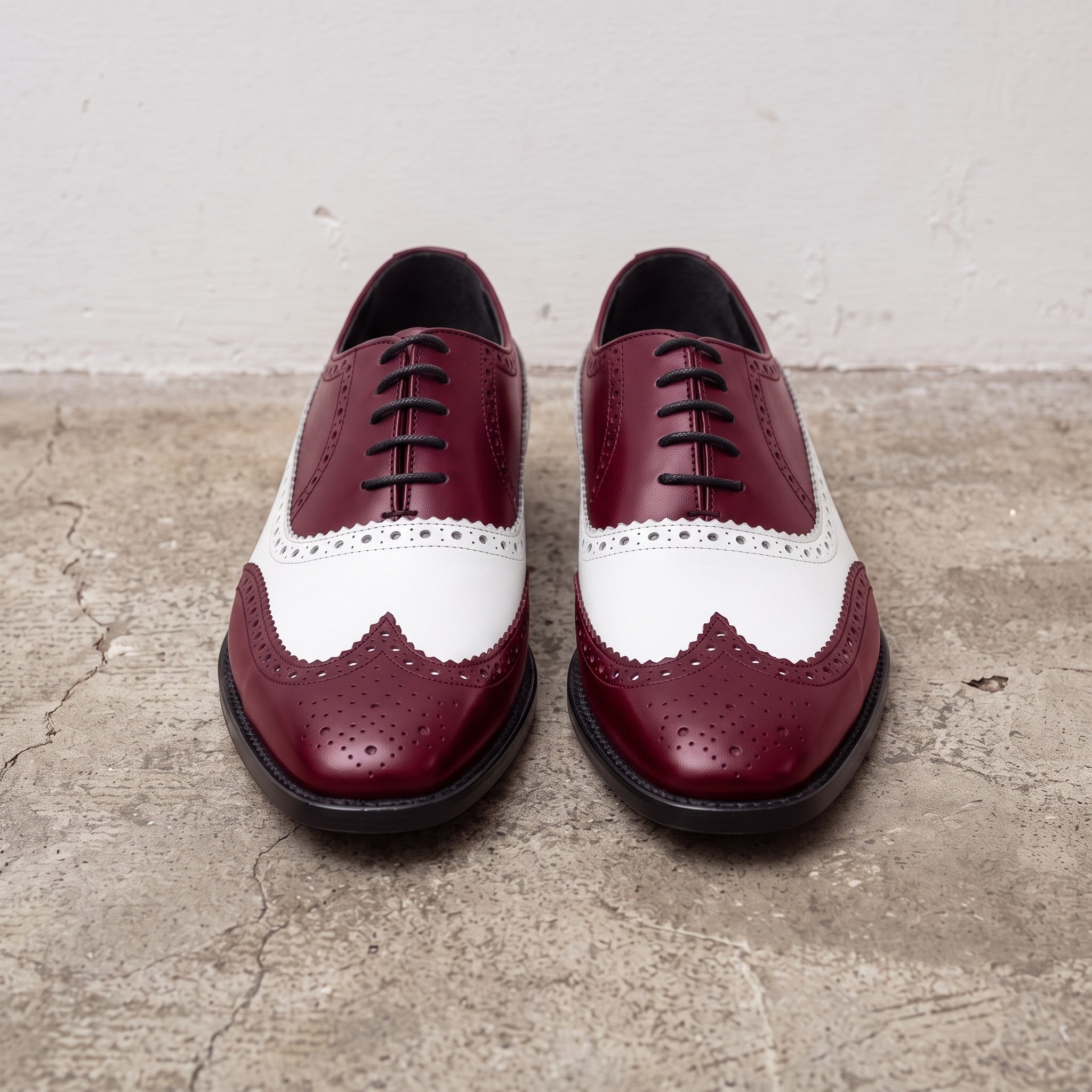 Men's Burgundy and White Wingtip Leather Spectator Oxfords — Bridgham